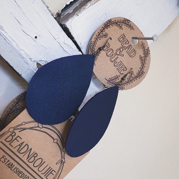 Genuine Navy Blue Leather Teardrop Lightweight Dangle Statement Earrings - Picture 3 of 6